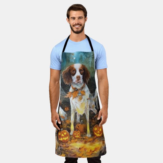 Halloween Brittany Spaniel met pompoenen eng Schort (Gedragen)