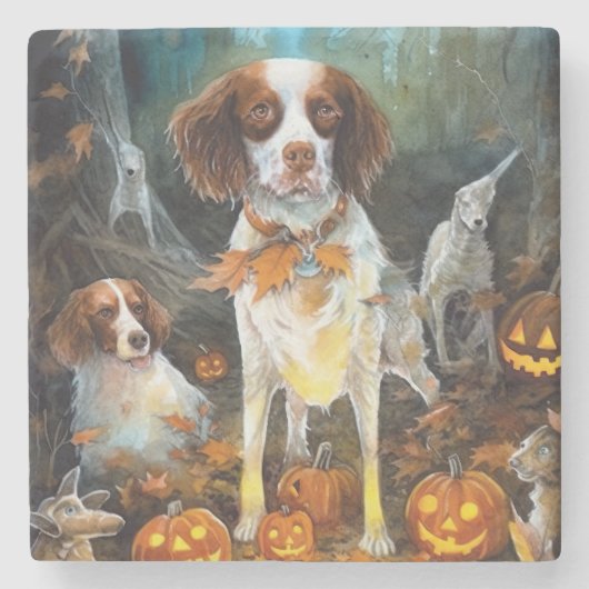 Halloween Brittany Spaniel met pompoenen eng Stenen Onderzetter (Voorkant)