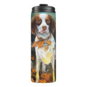 Halloween Brittany Spaniel met pompoenen eng Thermosbeker (Voorkant)