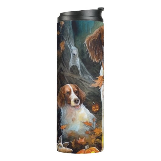 Halloween Brittany Spaniel met pompoenen eng Thermosbeker (Gedraaid links)