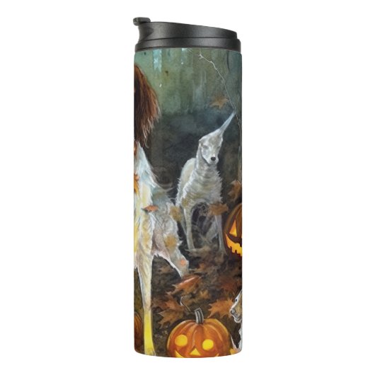 Halloween Brittany Spaniel met pompoenen eng Thermosbeker (Geroteerd rechts)