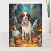 Halloween Brittany Spaniel Met Pompoenen Griezelen Kaart (Voorkant)