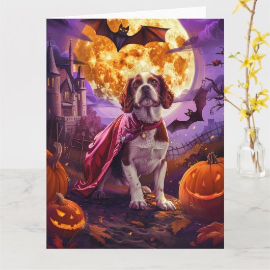 Halloween Brittany Spaniel Vampier Pompoenen Griez Kaart (Gele Bloem)
