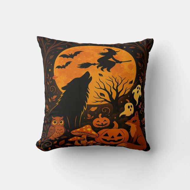 Halloween Broom Flying Witch and Moon Throw Pillow Kussen (Voorkant)