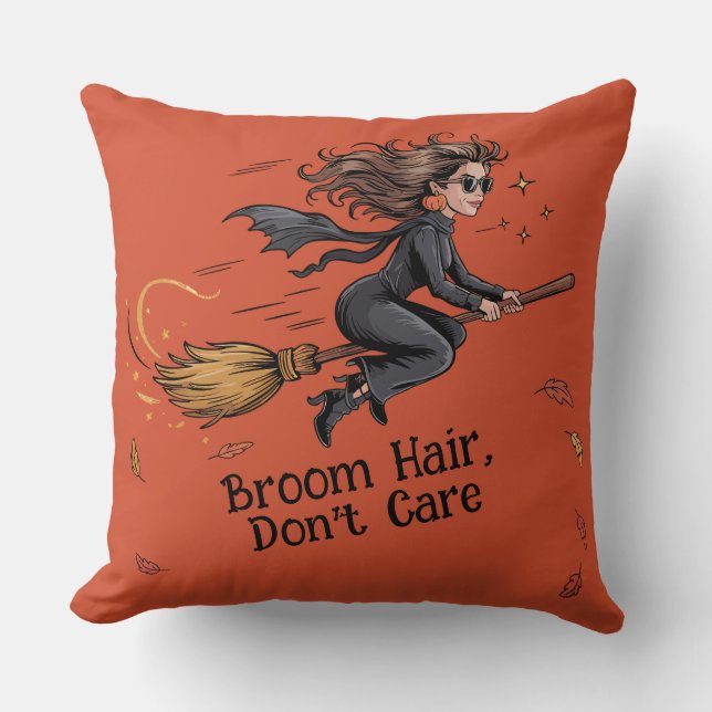 Halloween "Broom Hair, Don't Care" Throw Pillow Kussen (Voorkant)