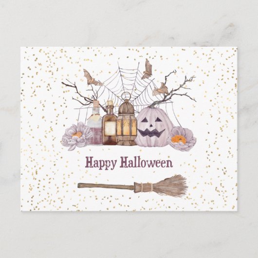 Halloween Broom Pumpkin Spider Web Lantern Feestdagenkaart (Voorkant)