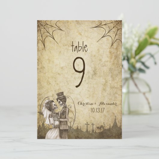 Halloween Bruidstaftafel nummer Skelet Koppel Kaart (Staand voorkant)