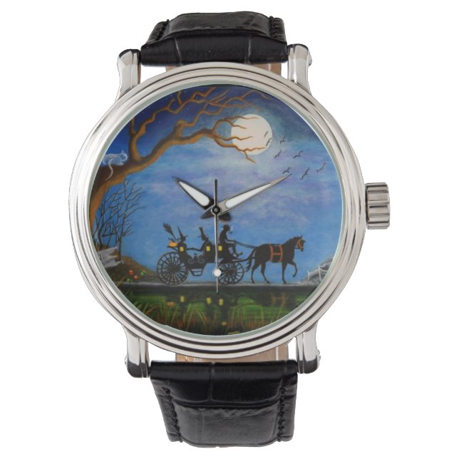 Halloween, bruiloft, cadeau, paard, koets, heks, t horloge (Voorkant)