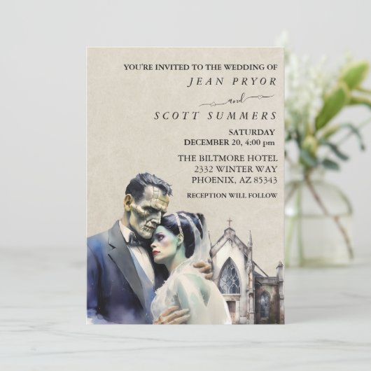 Halloween Bruiloft Frankenstein Bruid Kaart (Staand voorkant)