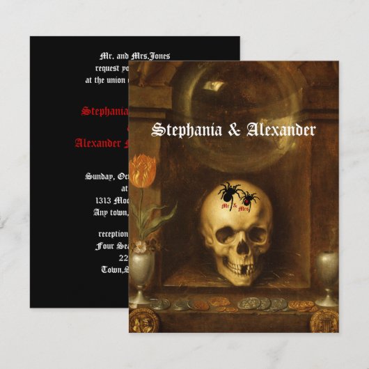 Halloween Bruiloft, Goth, Schedel, Uitnodiging op  (Voorkant / Achterkant)