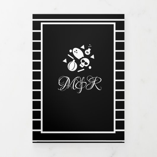 Halloween Bruiloft Gotische Strepen Schedel Drieluik Uitnodiging (Cover)