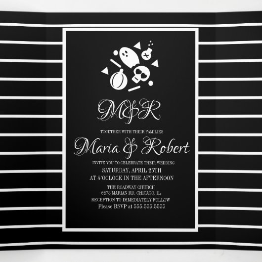 Halloween Bruiloft Gotische Strepen Schedel Drieluik Uitnodiging (Binnenkant midden)