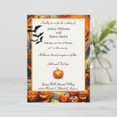 Halloween bruiloft Kleurrijke Pompoen Vleermuizen  Kaart (Staand voorkant)