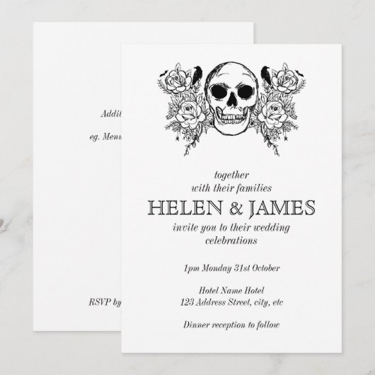 Halloween bruiloft met zwarte en witte florale sch kaart (Voorkant / Achterkant)