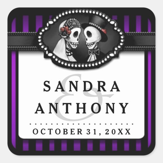 Halloween Bruiloft Paarse Zwart Gestreepte Skelett Vierkante Sticker (Voorkant)
