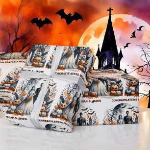 Halloween Bruiloft Personaliseer Namen Bruid & Bru Cadeaupapier