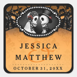 Halloween Bruiloft Sinaasappel Zwart Skeletten Dan Vierkante Sticker