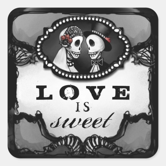 Halloween Bruiloft Skeletten Liefde is Sweet Squar Vierkante Sticker (Voorkant)