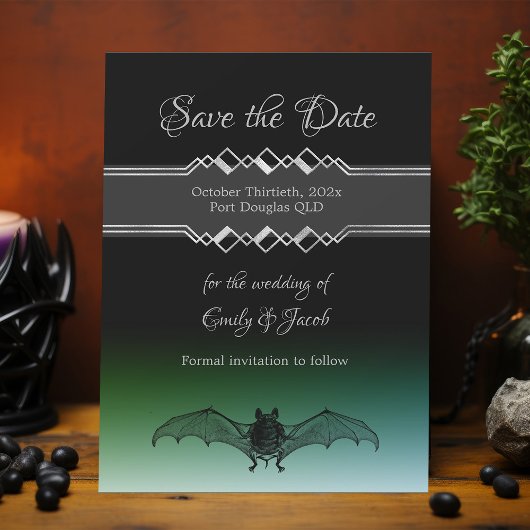 Halloween Bruiloft Zwart & Groen Gotische Vleermui Save The Date