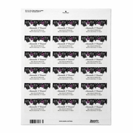 Halloween Bruiloft Zwart Paarse Rozen Adreslabel Etiket (Full Sheet)
