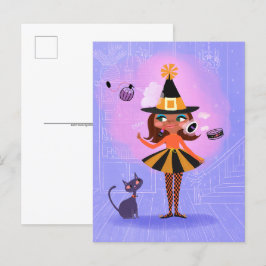 Halloween bruin haar heks lavendel & roze briefkaart