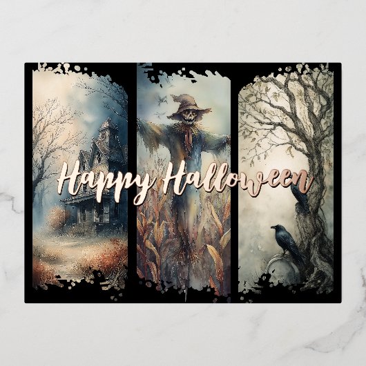 Halloween Brushstroke Triptych Folie Feestdagen Briefkaart (Voorkant)