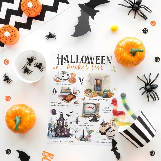 Halloween Bucket List | Waterverf Illustraties Feestdagenkaart
