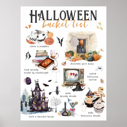 Halloween Bucket List | Waterverf Illustraties Poster (Voorkant)