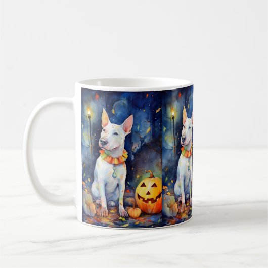 Halloween Bull Terrier met pompoenen eng Koffiemok (Links)