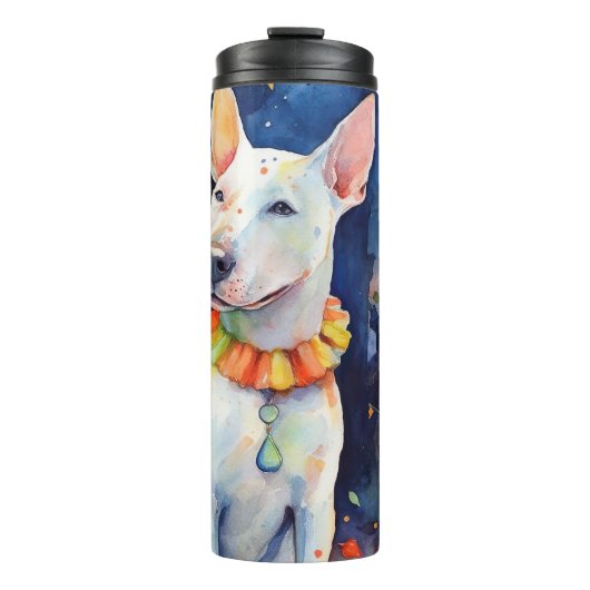 Halloween Bull Terrier met pompoenen eng Thermosbeker (Voorkant)