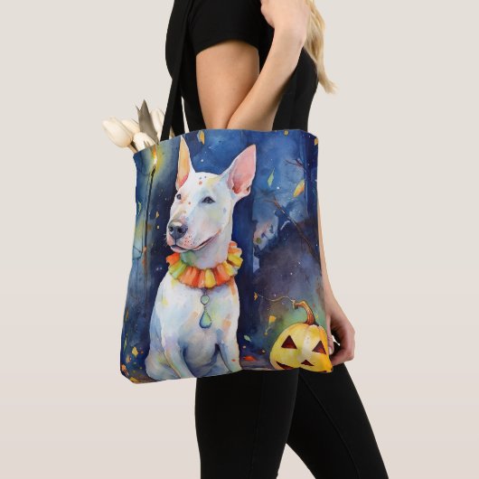 Halloween Bull Terrier met pompoenen eng Tote Bag (Dichtbij)