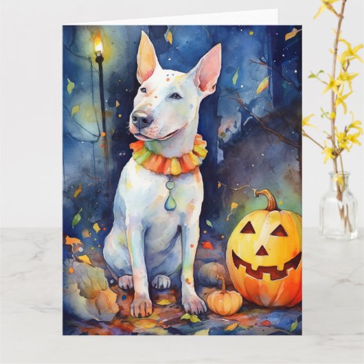 Halloween Bull Terrier Met Pompoenen Griezelen  Kaart (Gele Bloem)
