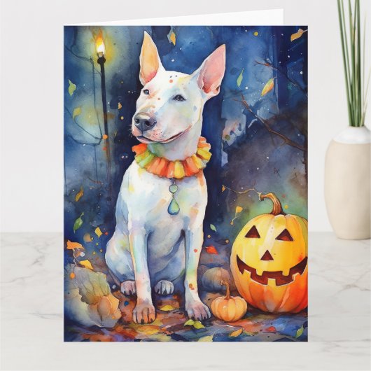 Halloween Bull Terrier Met Pompoenen Griezelen  Kaart (Voorkant)