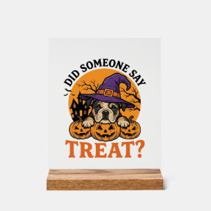 Halloween Bulldog Heks Hond Treat Vintage T-shirt Acryl Bord