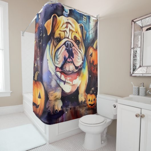 Halloween Bulldog met pompoenen eng Douchegordijn (In situ)