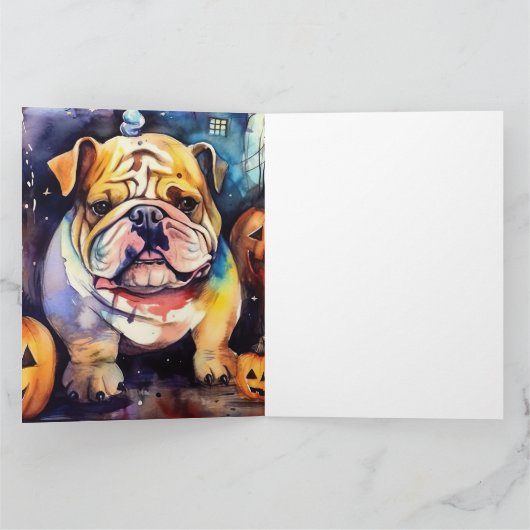 Halloween Bulldog Met Pompoenen Eng Kaart (Binnen)