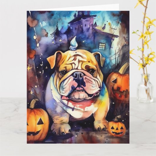 Halloween Bulldog Met Pompoenen Eng Kaart (Gele Bloem)