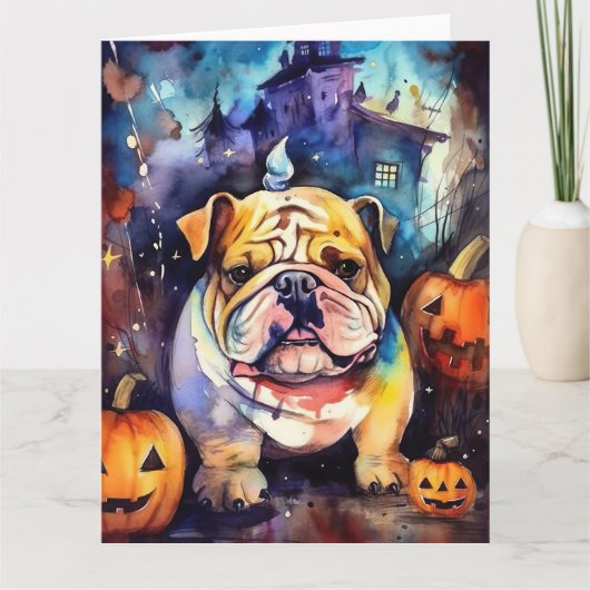 Halloween Bulldog Met Pompoenen Eng Kaart (Voorkant)