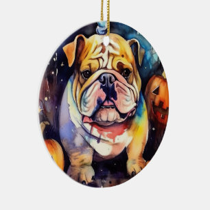 Halloween Bulldog Met Pompoenen Eng Keramisch Ornament