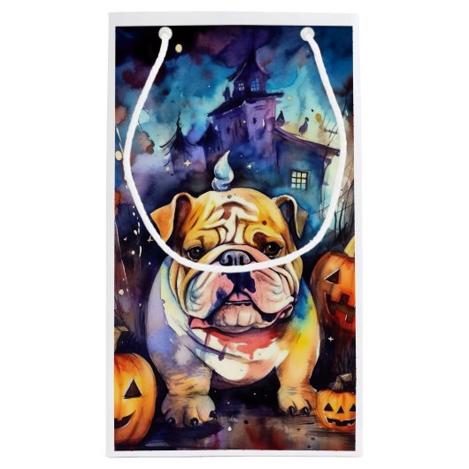 Halloween Bulldog met pompoenen eng Klein Cadeauzakje (Achterkant)