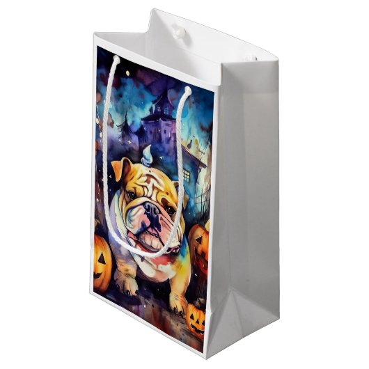 Halloween Bulldog met pompoenen eng Klein Cadeauzakje (Voorkant Gekanteld)