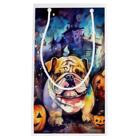 Halloween Bulldog met pompoenen eng Klein Cadeauzakje (Voorkant)
