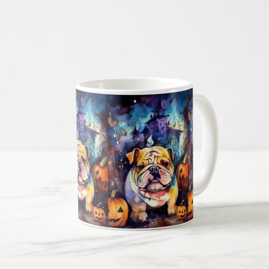 Halloween Bulldog met pompoenen eng Koffiemok (Voorkant rechts)