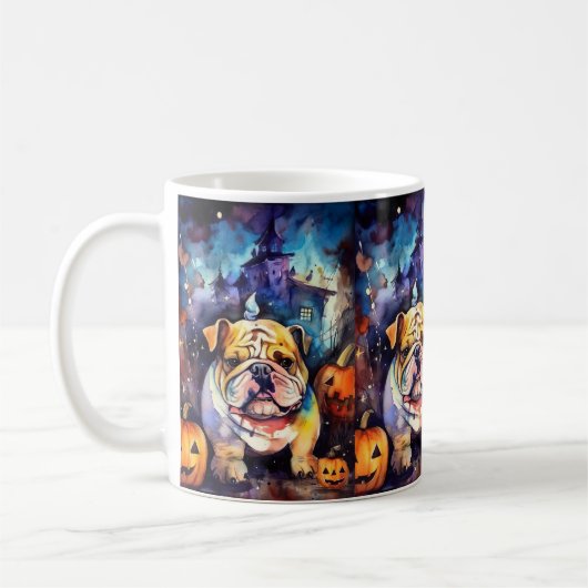 Halloween Bulldog met pompoenen eng Koffiemok (Links)
