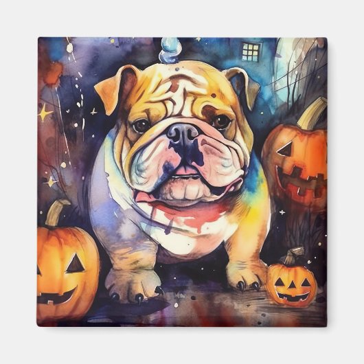 Halloween Bulldog met pompoenen eng Magneet (Voorkant)