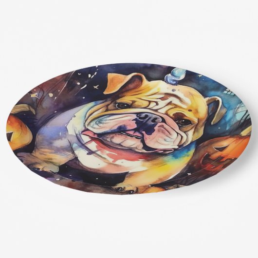 Halloween Bulldog met pompoenen eng Papieren Bordje (Gekanteld)