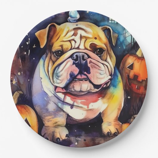 Halloween Bulldog met pompoenen eng Papieren Bordje (Voorkant)
