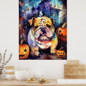 Halloween Bulldog met pompoenen eng Poster (Keuken)