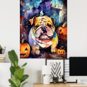 Halloween Bulldog met pompoenen eng Poster (Thuiskantoor)