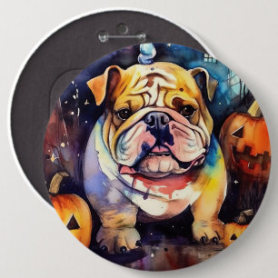 Halloween Bulldog Met Pompoenen Eng Ronde Button 6,0 Cm